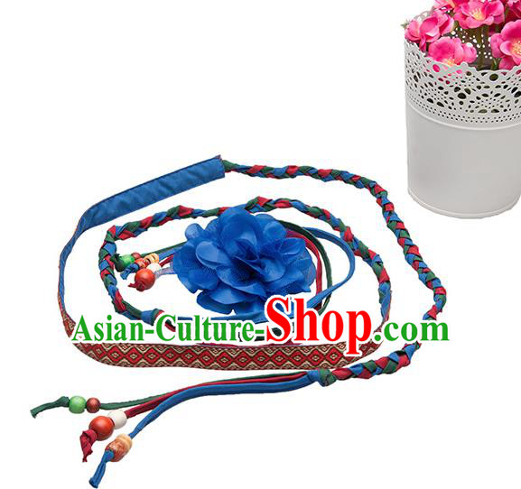 Traditional Chinese National Crafts Female Waistband, Handmade Blue Flowers Embroidery Belt Accessories Pendant for Women