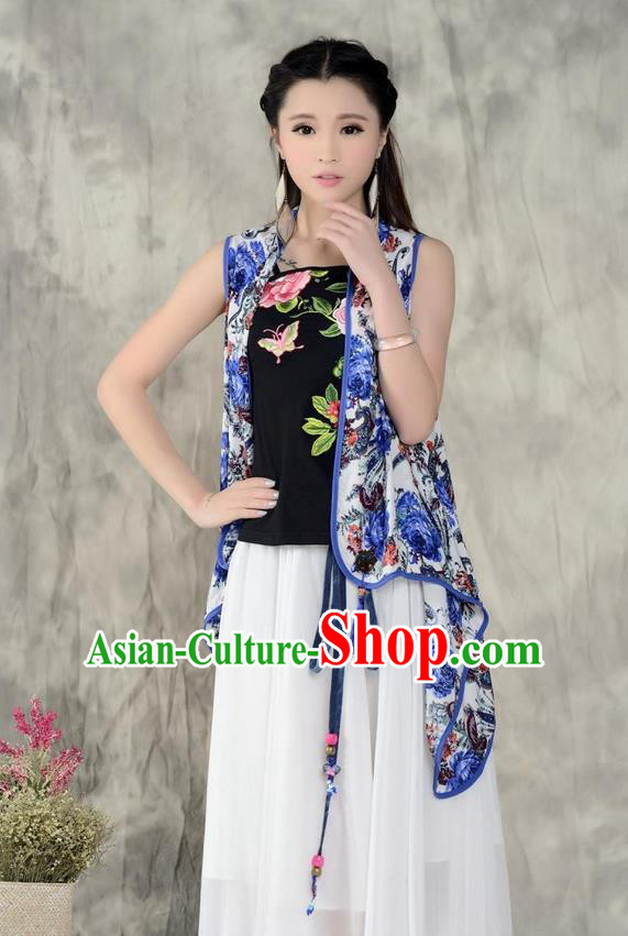 Traditional Ancient Chinese National Costume, Elegant Hanfu Cape Coat, China Tang Suit Stand Collar Embroidered Cappa, Upper Outer Garment Embroidered Blue and White Cloak Clothing for Women