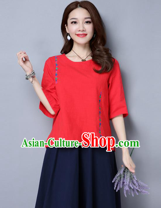 Traditional Ancient Chinese National Costume, Elegant Hanfu Embroidered T-Shirt, China Tang Suit Embroidered Red Blouse Cheongsam Upper Outer Garment Qipao Shirts Clothing for Women