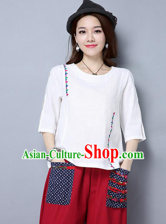 Traditional Ancient Chinese National Costume, Elegant Hanfu Embroidered T-Shirt, China Tang Suit Embroidered White Blouse Cheongsam Upper Outer Garment Qipao Shirts Clothing for Women