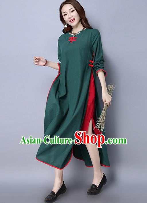Traditional Ancient Chinese National Costume, Elegant Hanfu Linen Green Plated Buttons Dress, China Tang Suit Cheongsam Upper Outer Garment Elegant Dress Clothing for Women