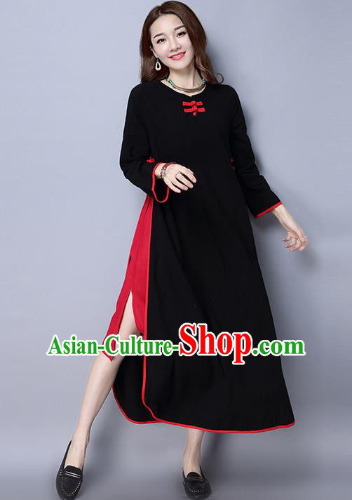 Traditional Ancient Chinese National Costume, Elegant Hanfu Linen Black Plated Buttons Dress, China Tang Suit Cheongsam Upper Outer Garment Elegant Dress Clothing for Women