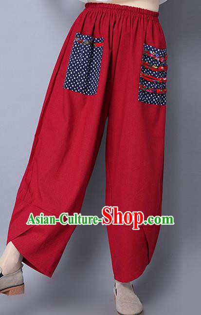 Traditional Ancient Chinese National Costume Loose Pants, Elegant Hanfu Plated Buttons Pants, China Tang Suit Red Wide Leg Pants for Women