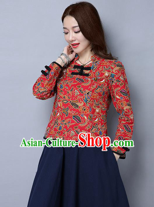 Traditional Ancient Chinese National Costume, Elegant Hanfu Plated Buttons Qipao Shirt, China Tang Suit Red Blouse Cheongsam Upper Outer Garment Shirts Clothing for Women