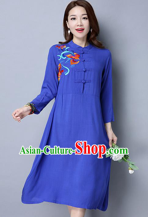 Traditional Ancient Chinese National Costume, Elegant Hanfu Linen Plated Buttons Blue Embroidery Dress, China Tang Suit Cheongsam Upper Outer Garment Elegant Dress Clothing for Women