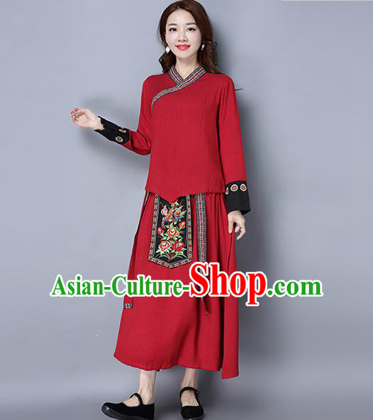 Traditional Ancient Chinese Ancient Costume, Elegant Hanfu Clothing Red Embroidered Blouse and Skirt, China Tang Dynasty Folk Dance Blouse and Skirt Complete Set for Women