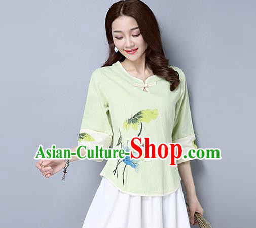 Traditional Ancient Chinese National Costume, Elegant Hanfu Painting Lotus T-Shirt, China Tang Suit Green Blouse Cheongsam Upper Outer Garment Qipao Shirts Clothing for Women