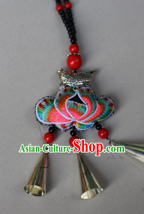 Traditional Chinese Miao Nationality Crafts Jewelry Accessory, Hmong Handmade Bells Tassel Double Side Embroidery Lotus Pendant, Miao Ethnic Minority Bells Necklace Accessories Sweater Chain Pendant for Women