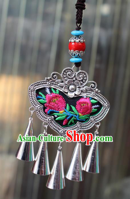 Traditional Chinese Miao Nationality Crafts Jewelry Accessory, Hmong Handmade Miao Silver Bells Tassel Double Side Embroidery Flowers Pendant, Miao Ethnic Minority Bells Black Rope Necklace Accessories Sweater Chain Pendant for Women