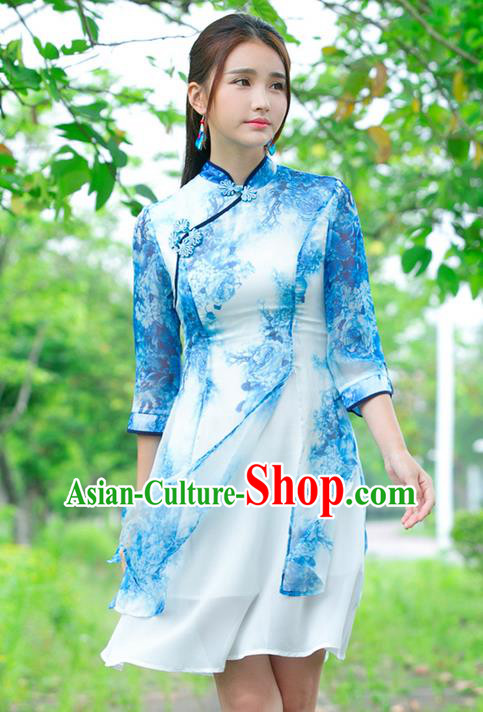 Traditional Ancient Chinese National Costume, Elegant Hanfu Plated Buttons Chiffon Printing Dress, China Tang Suit Cheongsam Upper Outer Garment Blue Dress Clothing for Women