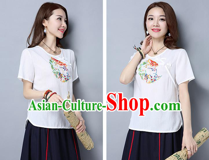 Traditional Ancient Chinese National Costume, Elegant Hanfu Short Sleeve Plated Buttons T-Shirt, China Tang Suit Embroidered White Blouse Cheongsam Upper Outer Garment Shirts Clothing for Women