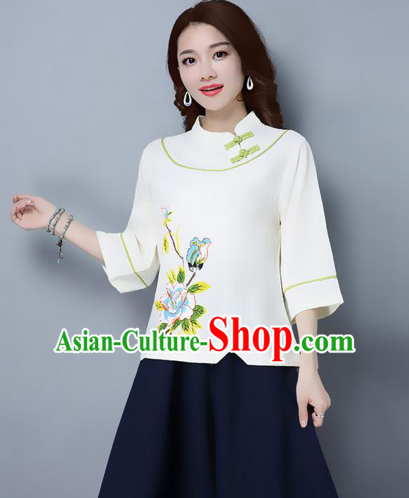 Traditional Ancient Chinese National Costume, Elegant Hanfu Stand Collar Plated Buttons Qipao T-Shirt, China Tang Suit Embroidered Beige Blouse Cheongsam Upper Outer Garment Shirts Clothing for Women