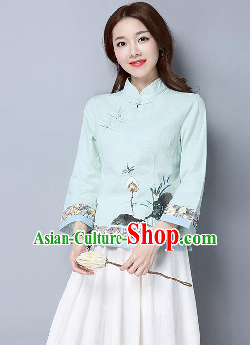 Traditional Ancient Chinese National Costume, Elegant Hanfu Stand Collar Plated Buttons Qipao T-Shirt, China Tang Suit Ink Painting Light Blue Blouse Cheongsam Upper Outer Garment Shirts Clothing for Women