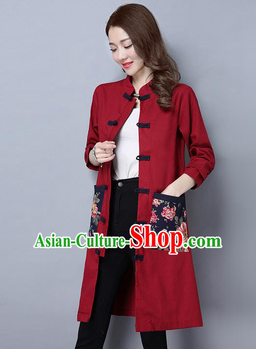 Traditional Ancient Chinese National Costume, Elegant Hanfu Long Coat, China Tang Suit Plated Buttons Coats, Upper Outer Garment Red Dust Coat Clothing for Women