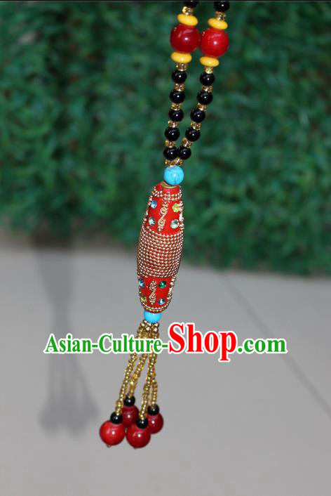 Traditional Chinese Miao Nationality Crafts Jewelry Accessory, Hmong Handmade Black Beads Tassel Red Pendant, Miao Ethnic Minority Necklace Accessories Sweater Chain Pendant for Women