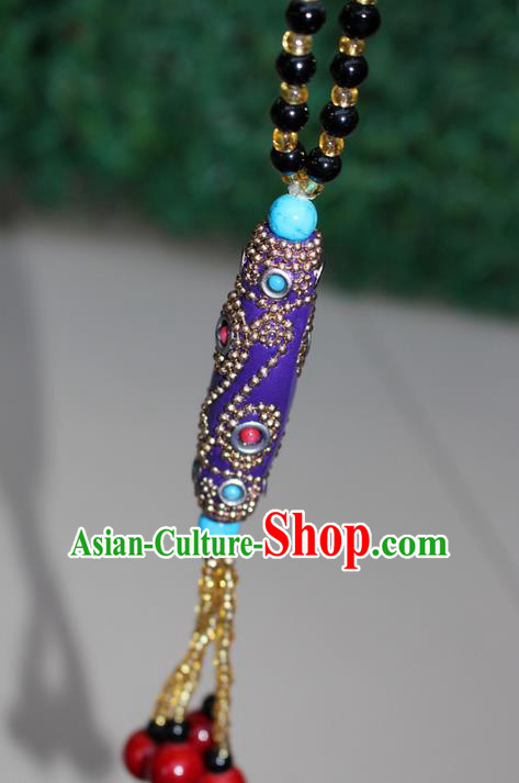 Traditional Chinese Miao Nationality Crafts Jewelry Accessory, Hmong Handmade Black Beads Tassel Purple Pendant, Miao Ethnic Minority Necklace Accessories Sweater Chain Pendant for Women