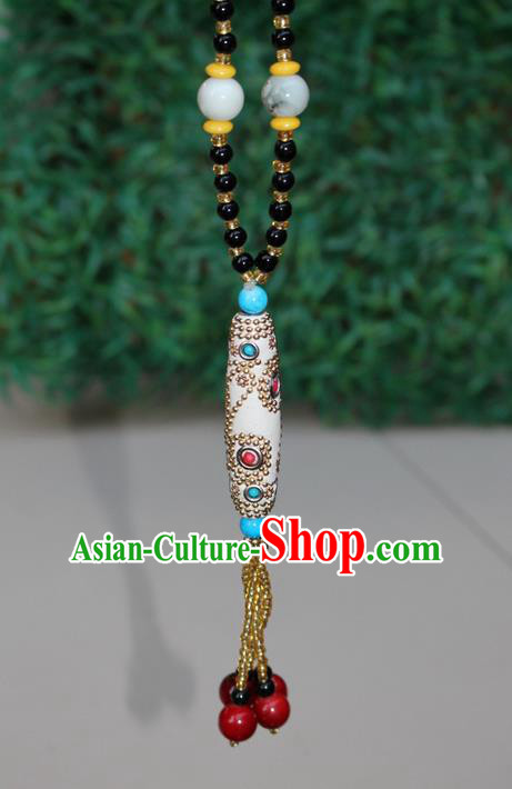 Traditional Chinese Miao Nationality Crafts Jewelry Accessory, Hmong Handmade Black Beads Tassel White Pendant, Miao Ethnic Minority Necklace Accessories Sweater Chain Pendant for Women