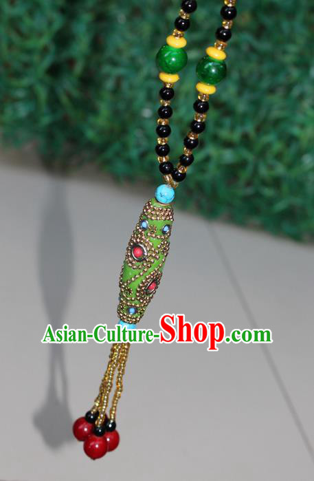 Traditional Chinese Miao Nationality Crafts Jewelry Accessory, Hmong Handmade Black Beads Tassel Green Pendant, Miao Ethnic Minority Necklace Accessories Sweater Chain Pendant for Women