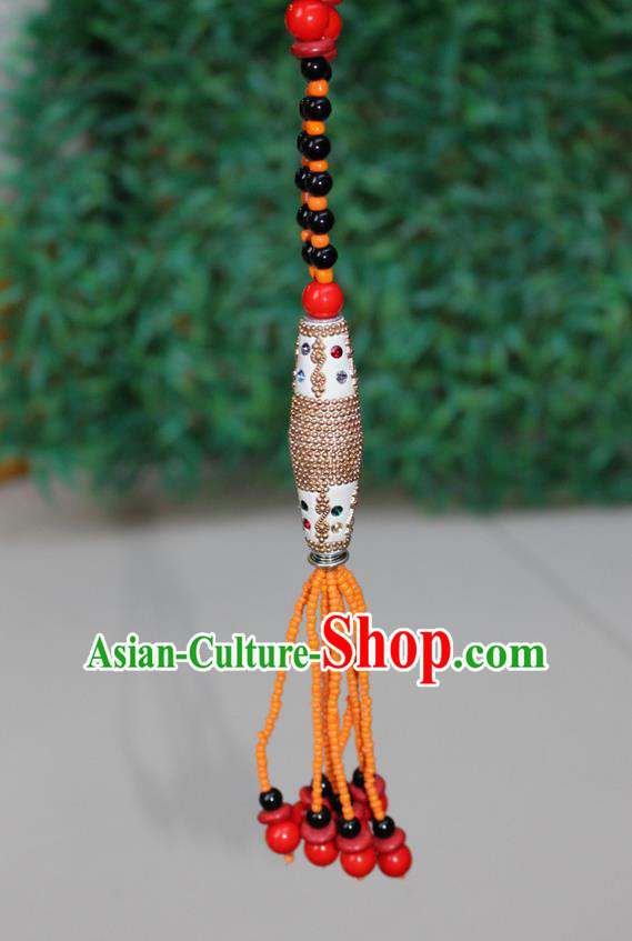 Traditional Chinese Miao Nationality Crafts Jewelry Accessory, Hmong Handmade Black Beads Tassel Yellow Pendant, Miao Ethnic Minority Necklace Accessories Sweater Chain Pendant for Women