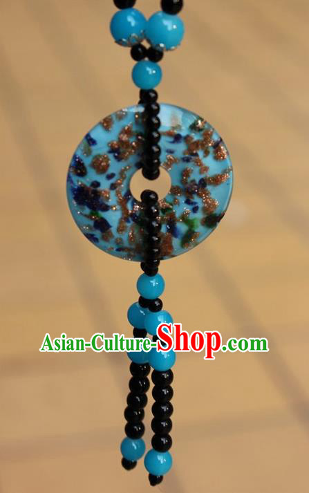 Traditional Chinese Miao Nationality Crafts Jewelry Accessory, Hmong Handmade Black Beads Tassel Blue Pendant, Miao Ethnic Minority Necklace Accessories Sweater Chain Pendant for Women