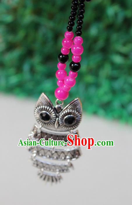 Traditional Chinese Miao Nationality Crafts Jewelry Accessory, Hmong Handmade Black Beads Tassel Owl Pendant, Miao Ethnic Minority Necklace Accessories Sweater Chain Pendant for Women