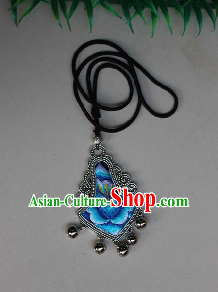 Traditional Chinese Miao Nationality Crafts Jewelry Accessory, Hmong Handmade Miao Silver Embroidery Bells Tassel Pendant, Miao Ethnic Minority Necklace Accessories Sweater Chain Pendant for Women