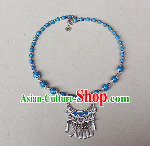 Traditional Chinese Miao Nationality Crafts Jewelry Accessory, Hmong Handmade Miao Silver Bells Tassel Collar, Miao Ethnic Minority Beads Necklace Accessories Headwear for Women