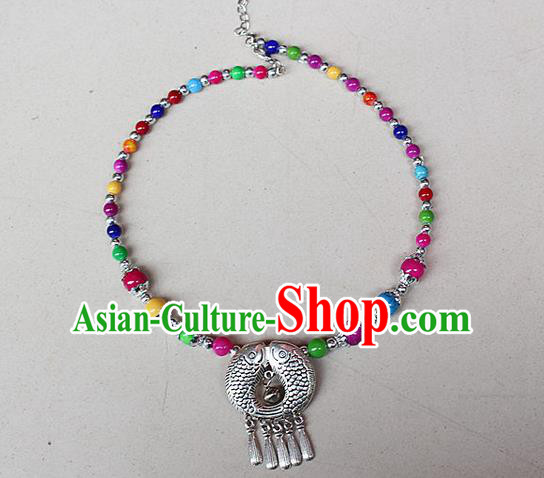 Traditional Chinese Miao Nationality Crafts Jewelry Accessory, Hmong Handmade Miao Silver Bells Tassel Collar, Miao Ethnic Minority Beads Necklace Accessories Headwear for Women