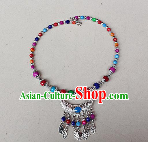 Traditional Chinese Miao Nationality Crafts Jewelry Accessory, Hmong Handmade Miao Silver Bells Tassel Collar, Miao Ethnic Minority Beads Necklace Accessories Headwear for Women