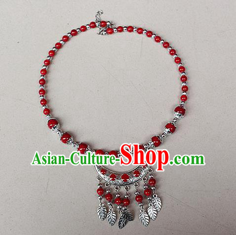 Traditional Chinese Miao Nationality Crafts Jewelry Accessory, Hmong Handmade Miao Silver Bells Tassel Collar, Miao Ethnic Minority Beads Necklace Accessories Headwear for Women