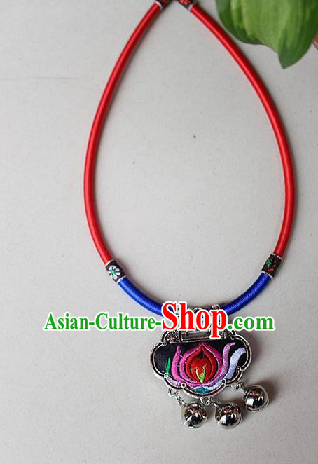 Traditional Chinese Miao Nationality Crafts Jewelry Accessory, Hmong Handmade Miao Silver Embroidery Bells Tassel Pendant, Miao Ethnic Minority Bells Necklace Accessories Sweater Chain Pendant for Women