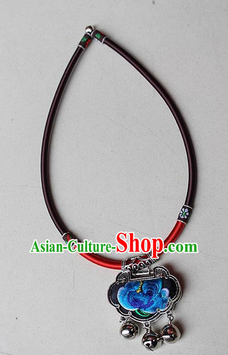 Traditional Chinese Miao Nationality Crafts Jewelry Accessory, Hmong Handmade Miao Silver Embroidery Bells Tassel Pendant, Miao Ethnic Minority Bells Necklace Accessories Sweater Chain Pendant for Women