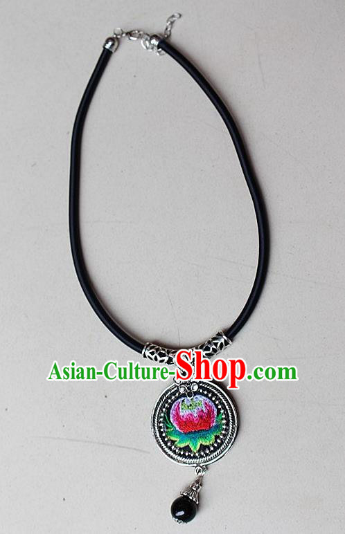 Traditional Chinese Miao Nationality Crafts Jewelry Accessory, Hmong Handmade Miao Silver Embroidery Bead Tassel Pendant, Miao Ethnic Minority Bells Necklace Accessories Sweater Chain Pendant for Women