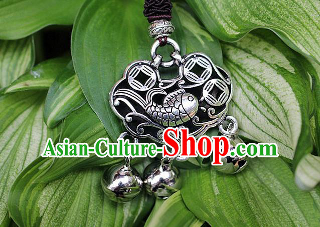 Traditional Chinese Miao Nationality Crafts Jewelry Accessory, Hmong Handmade Miao Silver Bells Tassel Longevity Lock Fish Pendant, Miao Ethnic Minority Necklace Accessories Sweater Chain Pendant for Women