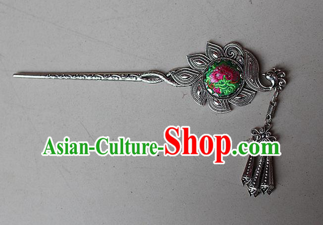 Traditional Chinese Miao Nationality Crafts Jewelry Accessory Classical Hair Accessories, Hmong Handmade Miao Silver Phoenix Palace Lady Tassel Embroidery Hair Sticks Hair Claw, Miao Ethnic Minority Hair Fascinators Hairpins for Women