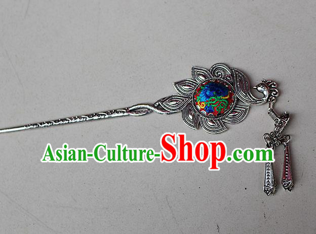 Traditional Chinese Miao Nationality Crafts Jewelry Accessory Classical Hair Accessories, Hmong Handmade Miao Silver Phoenix Palace Lady Tassel Embroidery Hair Sticks Hair Claw, Miao Ethnic Minority Hair Fascinators Hairpins for Women