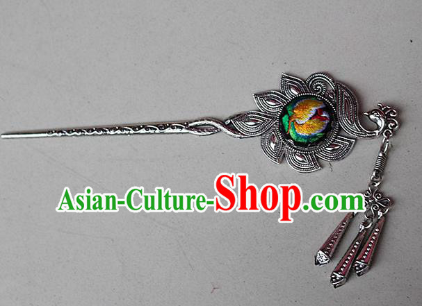 Traditional Chinese Miao Nationality Crafts Jewelry Accessory Classical Hair Accessories, Hmong Handmade Miao Silver Phoenix Palace Lady Tassel Embroidery Hair Sticks Hair Claw, Miao Ethnic Minority Hair Fascinators Hairpins for Women