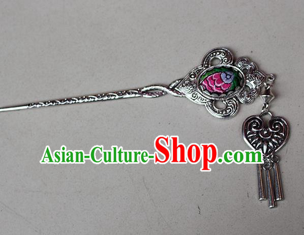 Traditional Chinese Miao Nationality Crafts Jewelry Accessory Classical Hair Accessories, Hmong Handmade Miao Silver Phoenix Palace Lady Tassel Embroidery Hair Sticks Hair Claw, Miao Ethnic Minority Hair Fascinators Hairpins for Women