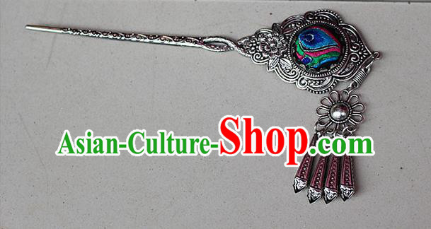 Traditional Chinese Miao Nationality Crafts Jewelry Accessory Classical Hair Accessories, Hmong Handmade Miao Silver Phoenix Palace Lady Tassel Embroidery Hair Sticks Hair Claw, Miao Ethnic Minority Hair Fascinators Hairpins for Women