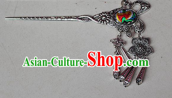 Traditional Chinese Miao Nationality Crafts Jewelry Accessory Classical Hair Accessories, Hmong Handmade Miao Silver Butterfly Palace Lady Tassel Embroidery Hair Sticks Hair Claw, Miao Ethnic Minority Hair Fascinators Hairpins for Women