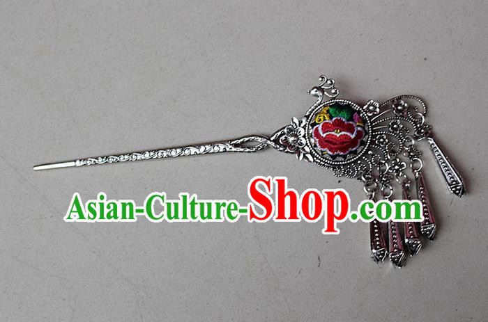 Traditional Chinese Miao Nationality Crafts Jewelry Accessory Classical Hair Accessories, Hmong Handmade Miao Silver Phoenix Palace Lady Tassel Embroidery Hair Sticks Hair Claw, Miao Ethnic Minority Hair Fascinators Hairpins for Women