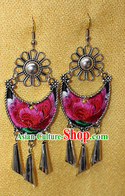 Traditional Chinese Miao Nationality Crafts Jewelry Accessory Classical Earbob Accessories, Hmong Handmade Miao Silver Palace Lady Tassel Embroidery Earrings, Miao Ethnic Minority Eardrop for Women