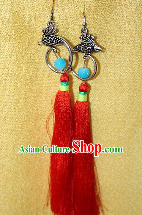 Traditional Chinese Miao Nationality Crafts Jewelry Accessory Classical Earbob Accessories, Hmong Handmade Miao Silver Phoenix Palace Lady Red Silk Tassel Earrings, Miao Ethnic Minority Eardrop for Women