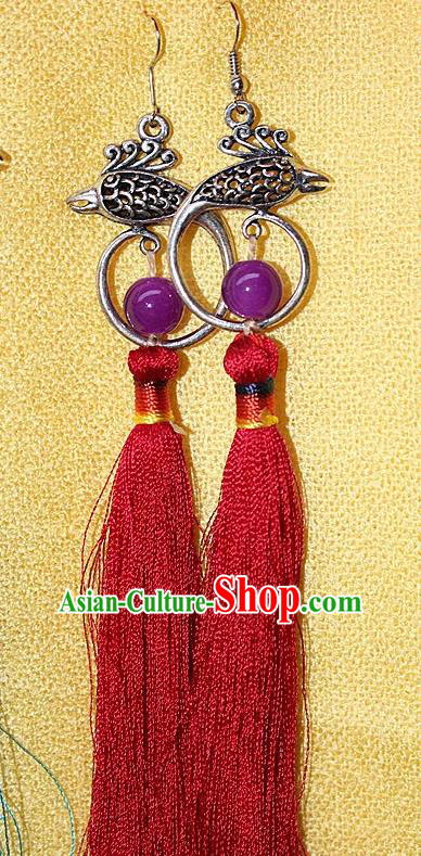 Traditional Chinese Miao Nationality Crafts Jewelry Accessory Classical Earbob Accessories, Hmong Handmade Miao Silver Phoenix Palace Lady Red Silk Tassel Earrings, Miao Ethnic Minority Eardrop for Women