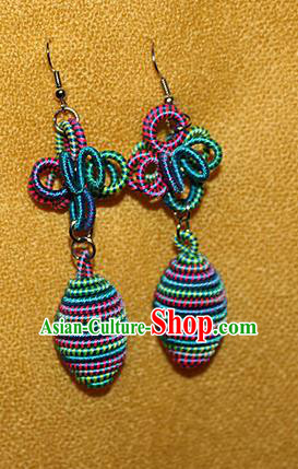 Traditional Chinese Miao Nationality Crafts Jewelry Accessory Classical Earbob Accessories, Hmong Handmade Kinking Palace Lady Earrings, Miao Ethnic Minority Weave Eardrop for Women