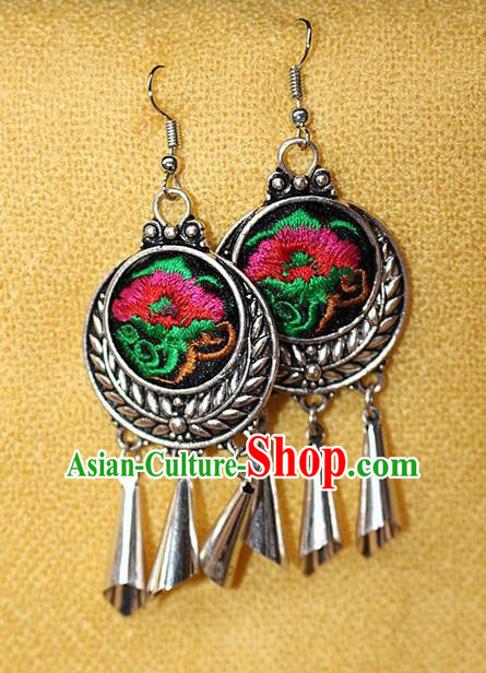 Traditional Chinese Miao Nationality Crafts Jewelry Accessory Classical Earbob Accessories, Hmong Handmade Miao Silver Embroidery Bells Tassel Palace Lady Earrings, Miao Ethnic Minority Eardrop for Women