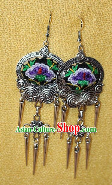 Traditional Chinese Miao Nationality Crafts Jewelry Accessory Classical Earbob Accessories, Hmong Handmade Miao Silver Embroidery Bells Tassel Palace Lady Earrings, Miao Ethnic Minority Eardrop for Women