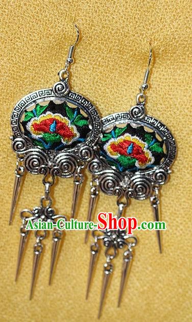 Traditional Chinese Miao Nationality Crafts Jewelry Accessory Classical Earbob Accessories, Hmong Handmade Miao Silver Embroidery Bells Tassel Palace Lady Earrings, Miao Ethnic Minority Eardrop for Women