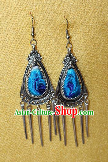 Traditional Chinese Miao Nationality Crafts Jewelry Accessory Classical Earbob Accessories, Hmong Handmade Miao Silver Embroidery Bells Tassel Palace Lady Triangle Earrings, Miao Ethnic Minority Eardrop for Women