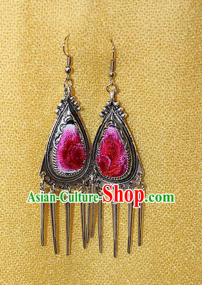 Traditional Chinese Miao Nationality Crafts Jewelry Accessory Classical Earbob Accessories, Hmong Handmade Miao Silver Embroidery Bells Tassel Palace Lady Triangle Earrings, Miao Ethnic Minority Eardrop for Women